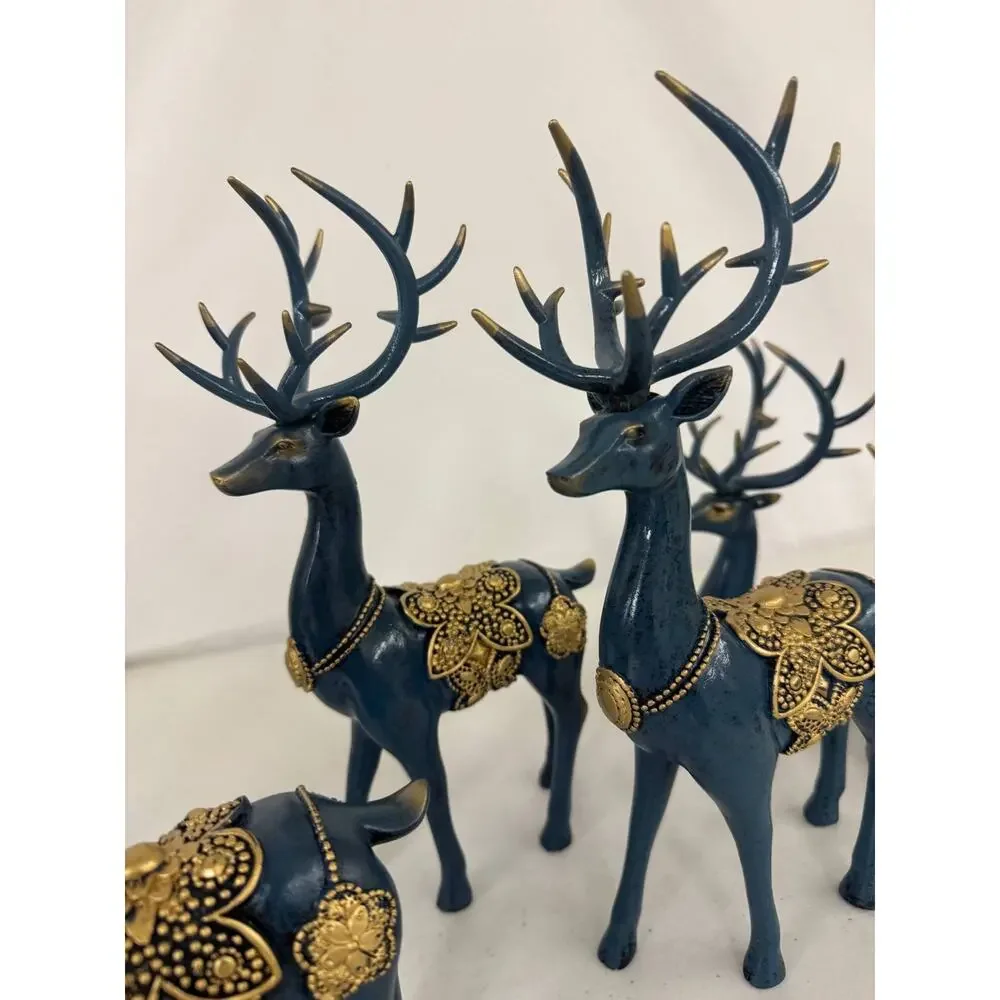Set of 6 Decorative Deer Figurines Navy Blue Gold Accents Christmas Home Decor